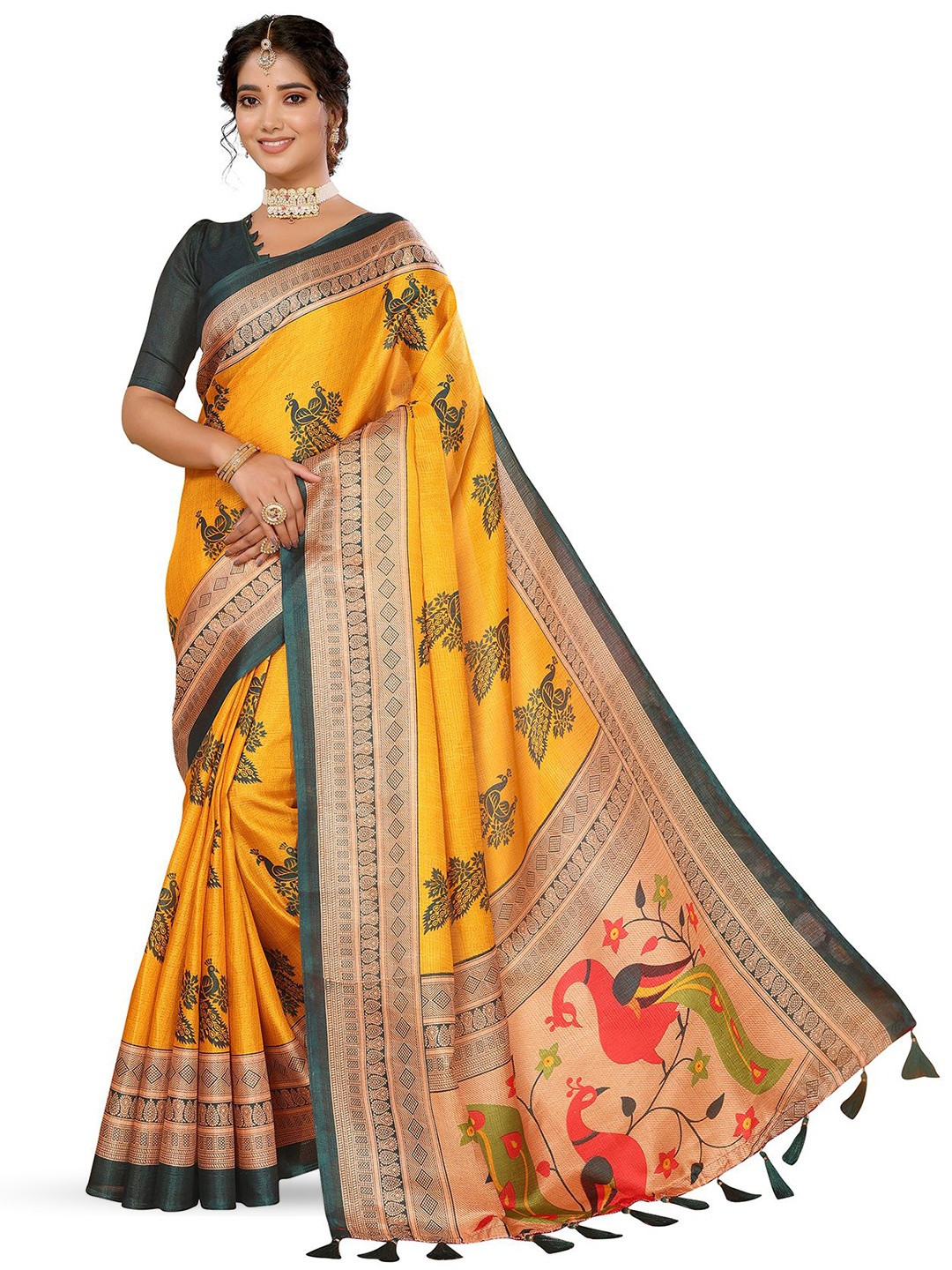 

KALINI Ethnic Motifs Printed Saree With Tassels, Yellow