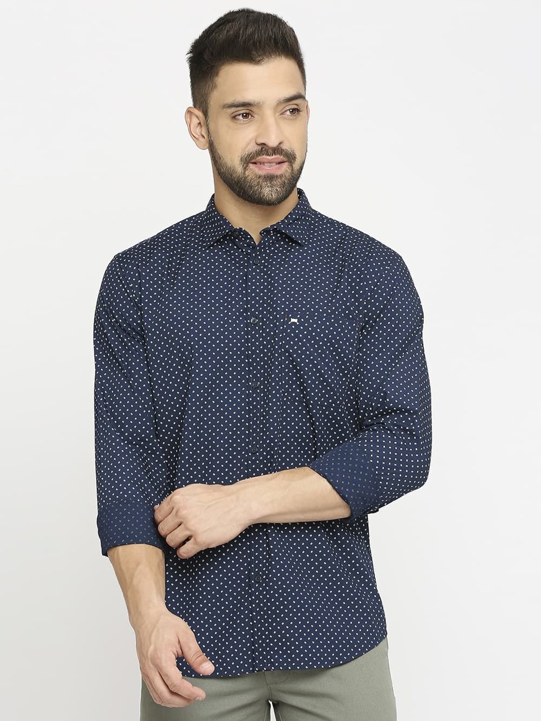 

Basics Men Slim Fit Polka Dot Opaque Printed Casual Shirt, Blue