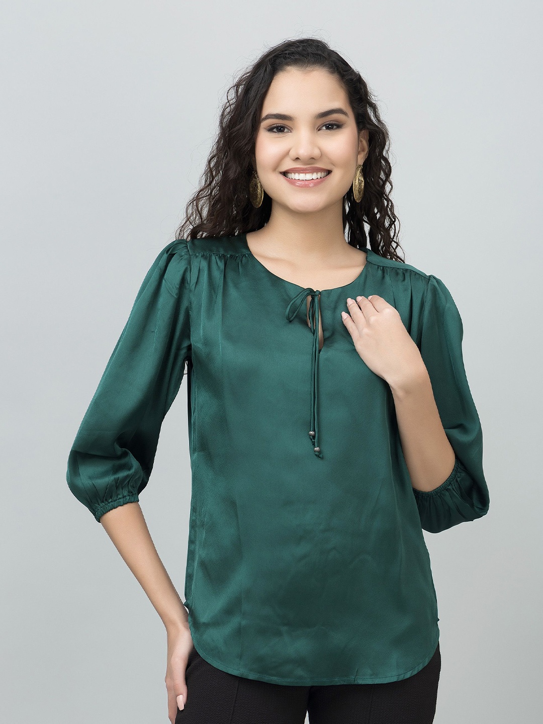 

PURYS WORKSPACE Women Satin Tie-Up Neck Puff Sleeves Top, Green