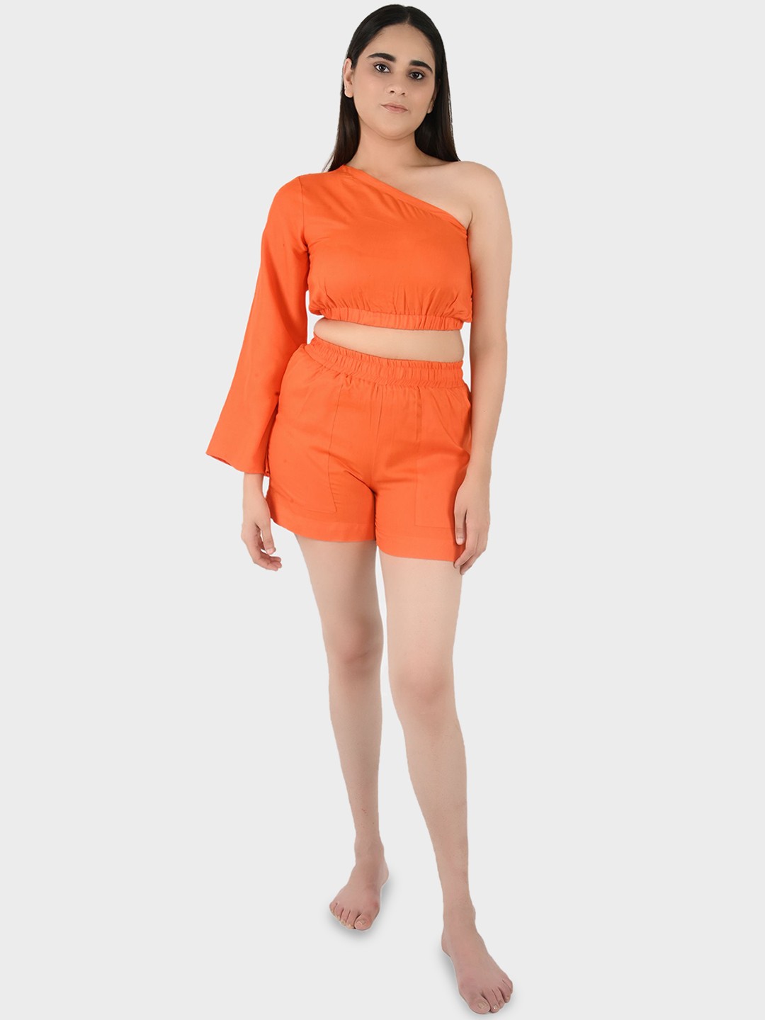 

Blissence One Shoulder Neck Long Sleeves Swimwear cover up Set, Orange