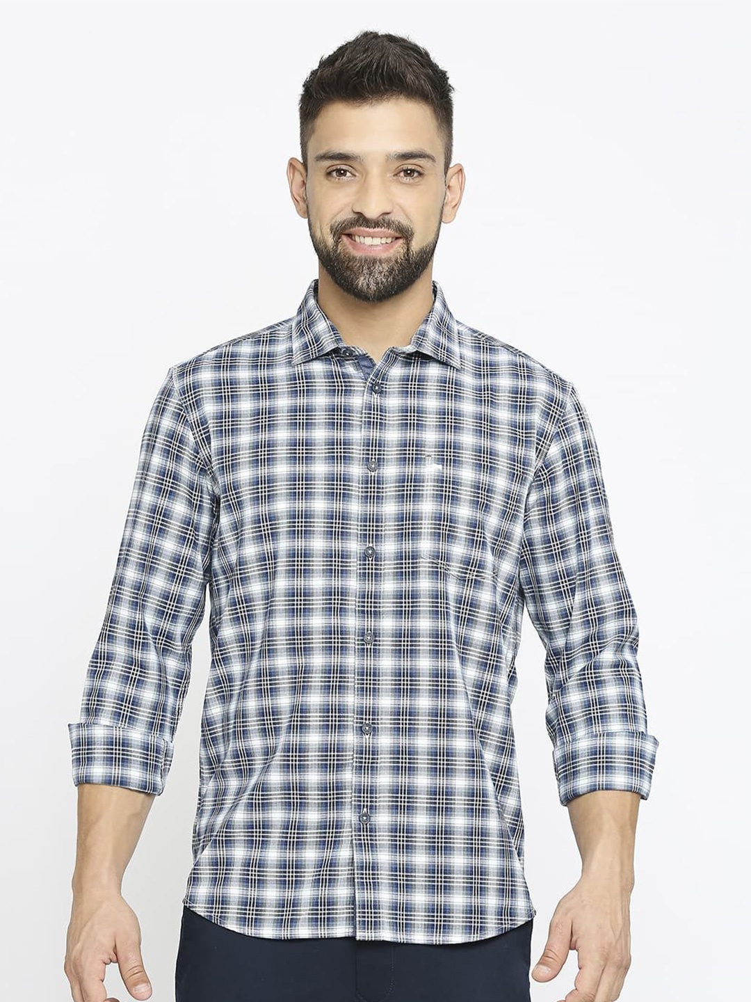 

Basics Men Slim Fit Shepherd Checks Opaque Checked Casual Shirt, Blue