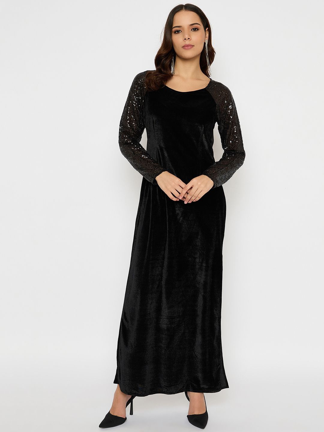 

Imfashini Women Embellished Round Neck Long Sleeves A-Line Maxi Dress, Black