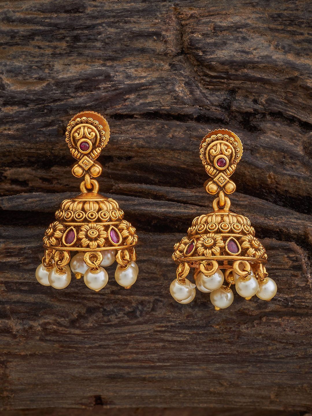 

Kushal's Fashion Jewellery Gold-Plated Stone Studded & Beaded Dome Shaped Jhumkas