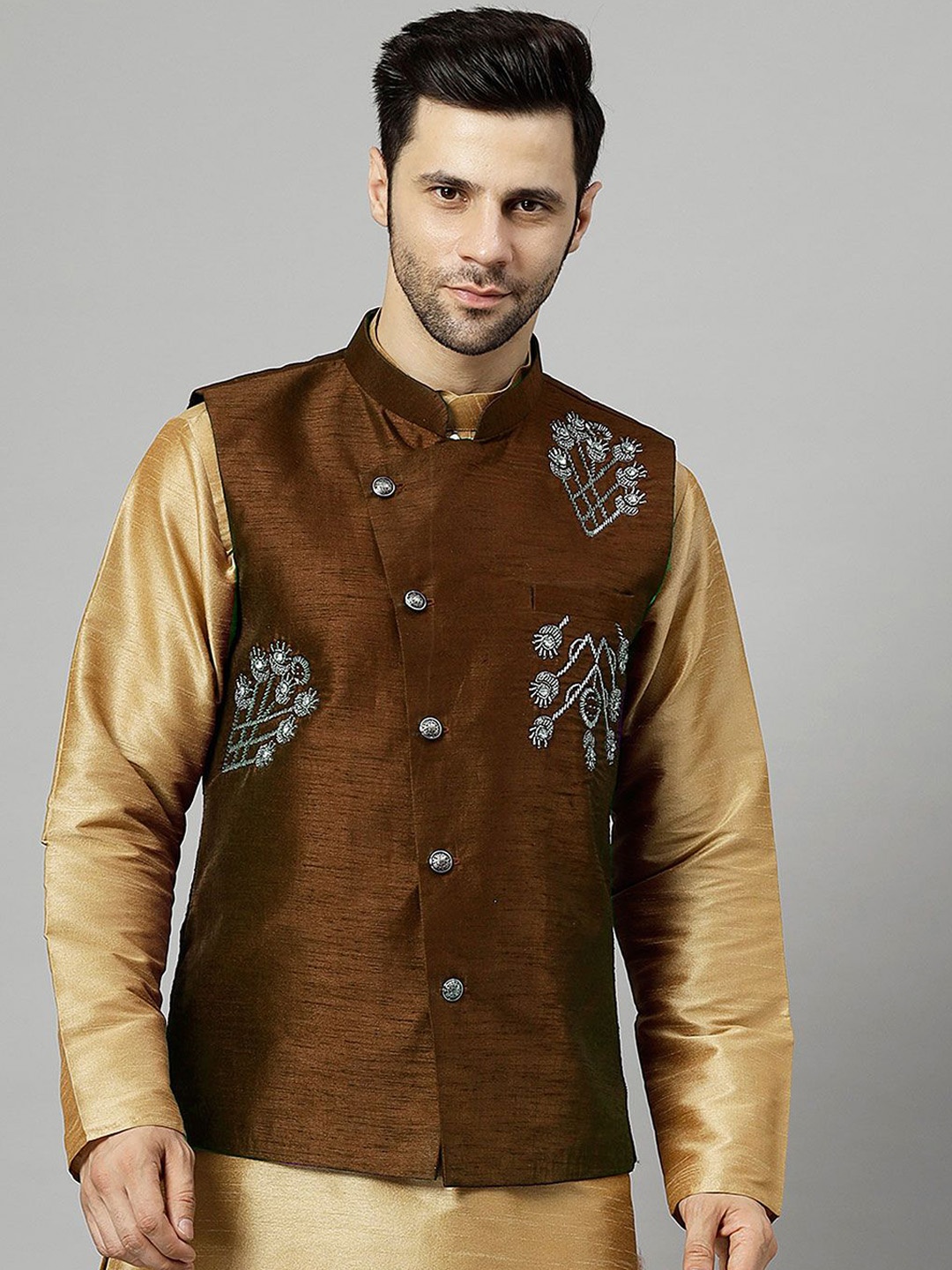 

Utsav Fashion Men Embroidered Chinese Collar Nehru Jacket, Brown