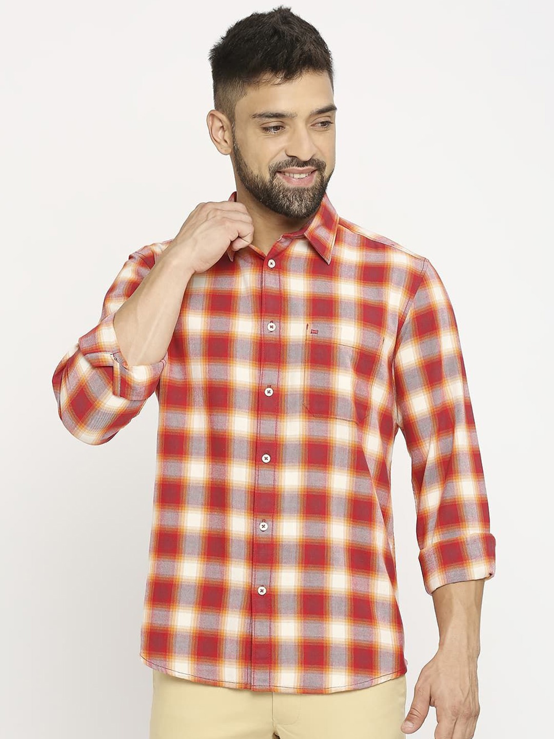 

Basics Men Slim Fit Tartan Checks Opaque Checked Casual Shirt, Red