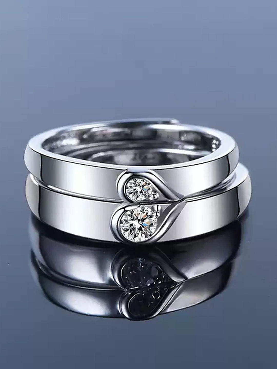 

Lila Set Of 2 CZ Stone Studded Couple Finger Rings, Silver