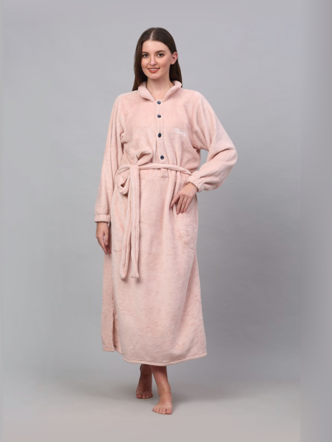 

KLOTTHE Pink Woollen Full Sleeves Bath Robe With Belt