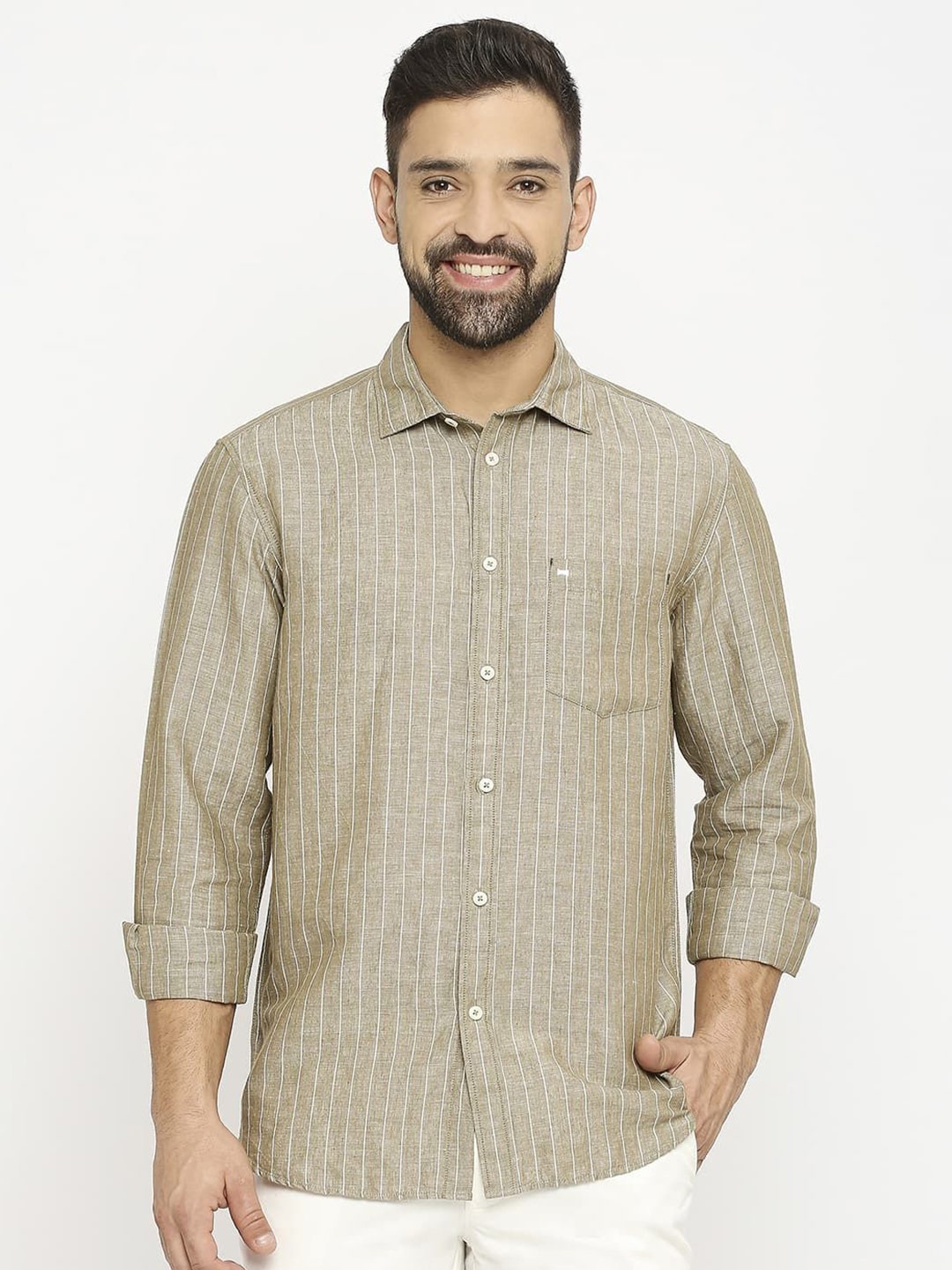 

Basics Men Slim Fit Pinstripes Opaque Striped Casual Shirt, Olive
