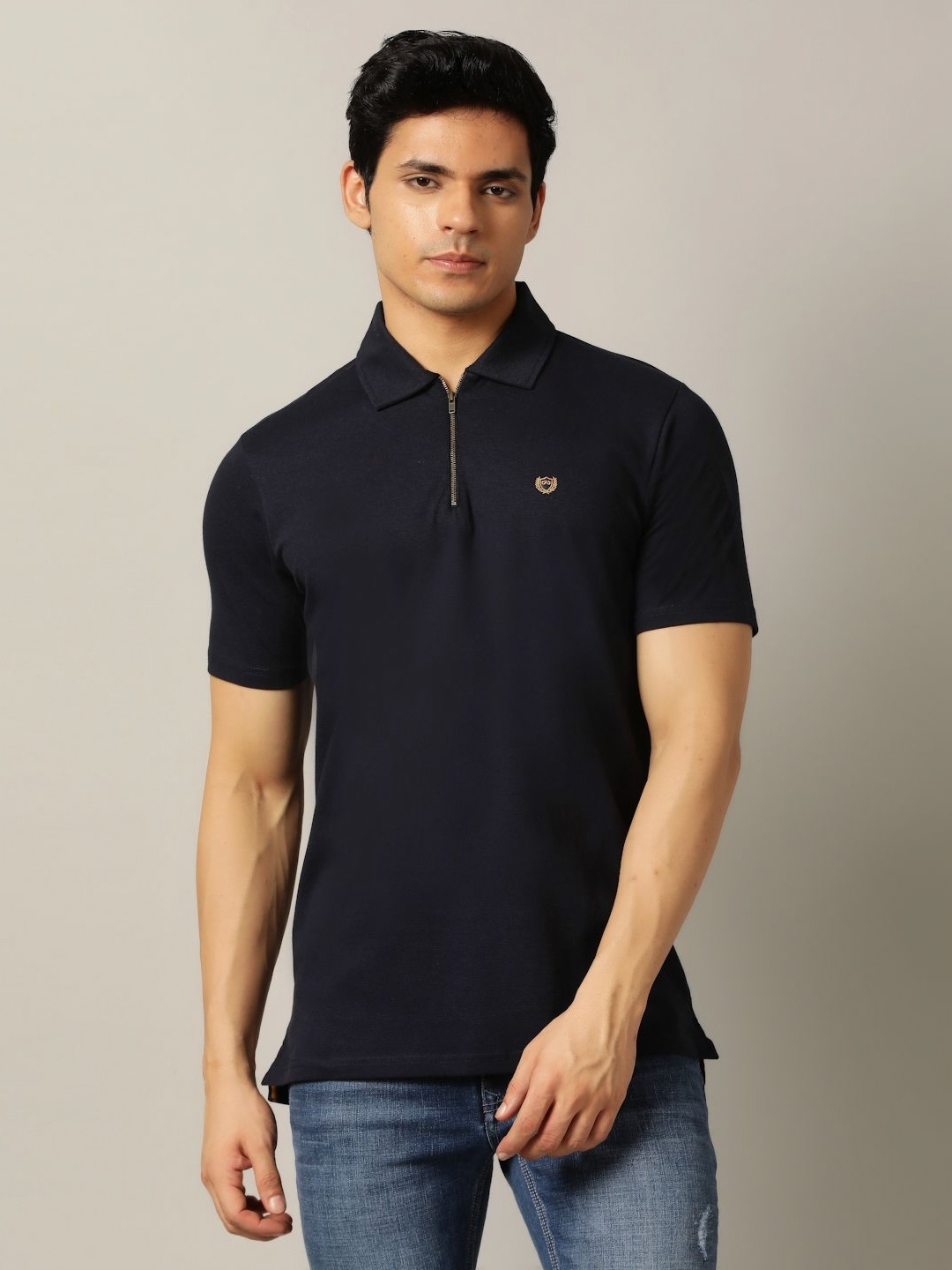 

JADE BLUE Men Polo Collar Applique Slim Fit T-shirt, Navy blue