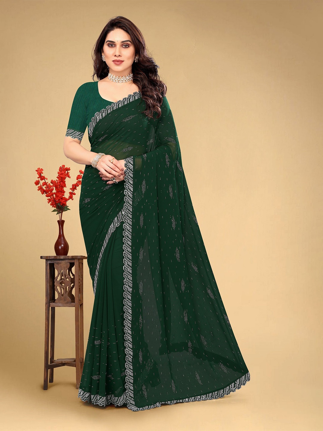 

VEERAIVA Ethnic Motifs Embellished Beads and Stones Saree, Green
