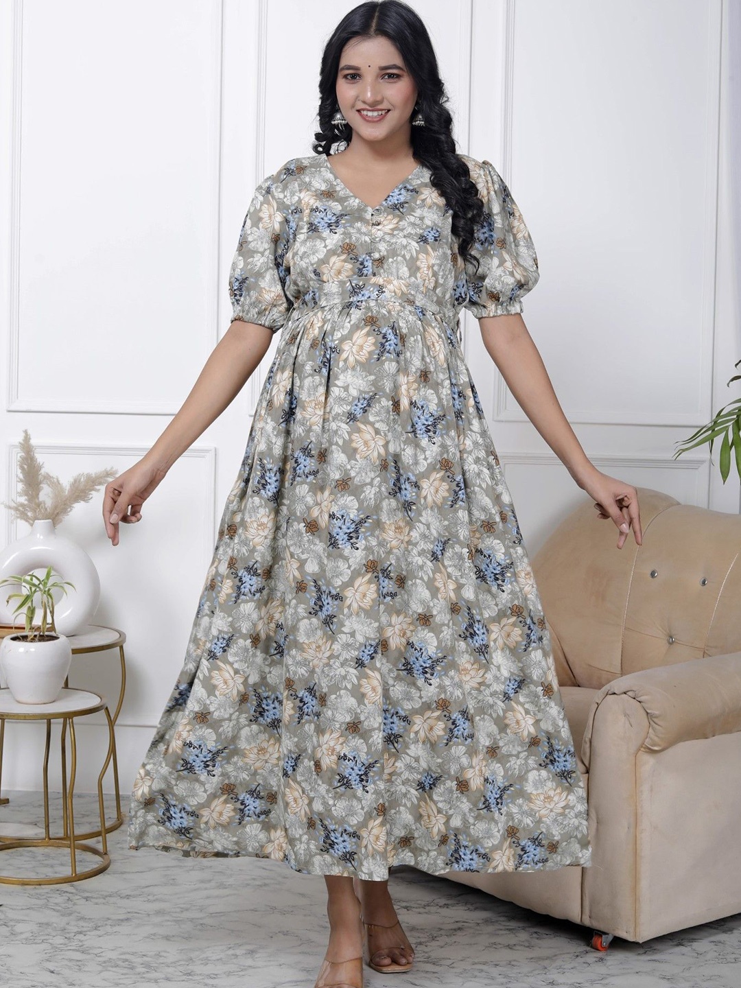

Swasti Women Floral Printed Maternity Midi Dress, Grey