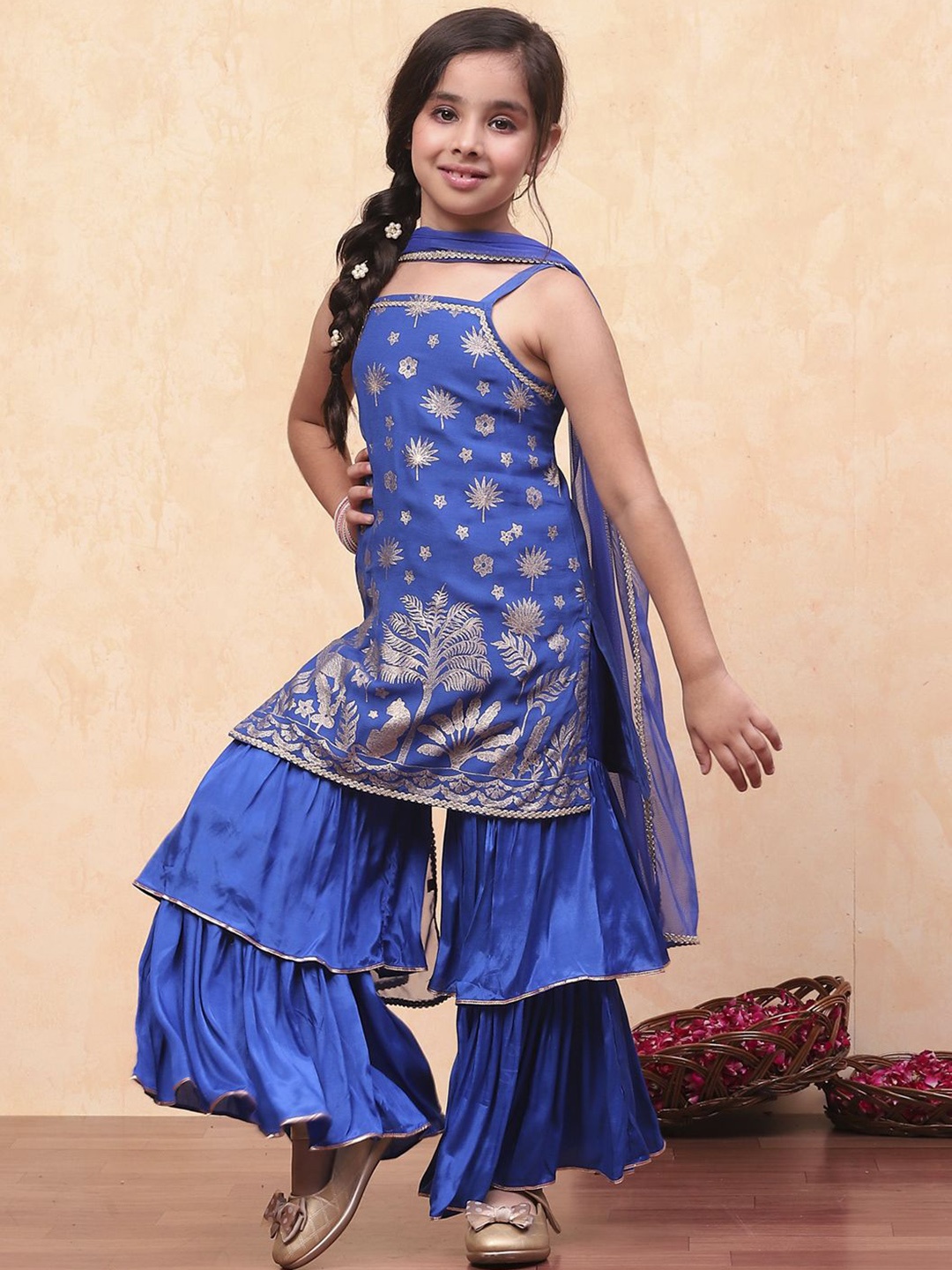 

Biba Girls Ethnic Motifs Printed Regular Kurta with Sharara & With Dupatta, Blue