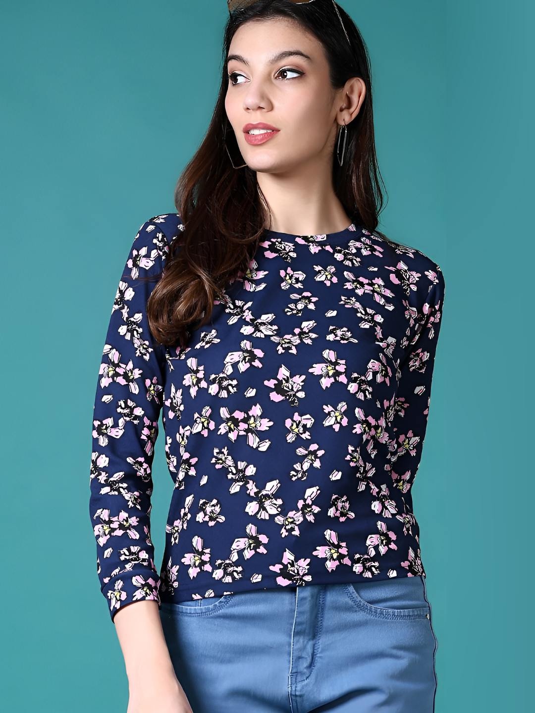 

V-Mart Women Floral Printed Round Neck T-shirt, Navy blue