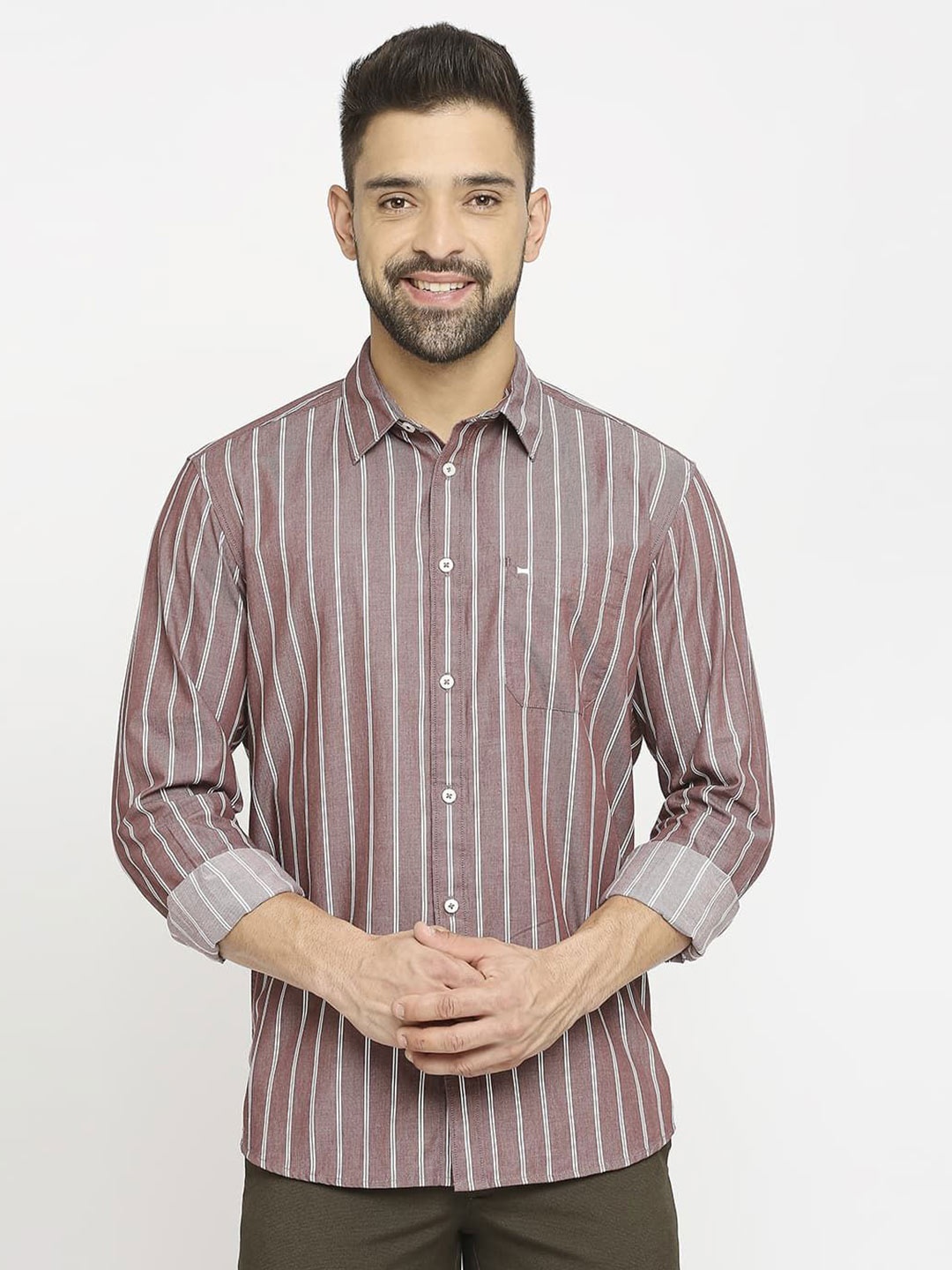 

Basics Men Slim Fit Pinstripes Opaque Striped Casual Shirt, Brown