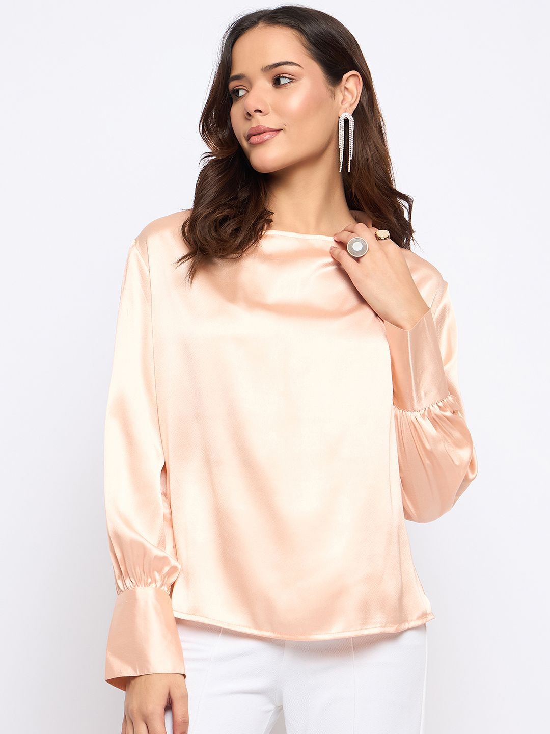 

Imfashini Women Boat Neck Blouson Top, Rose gold