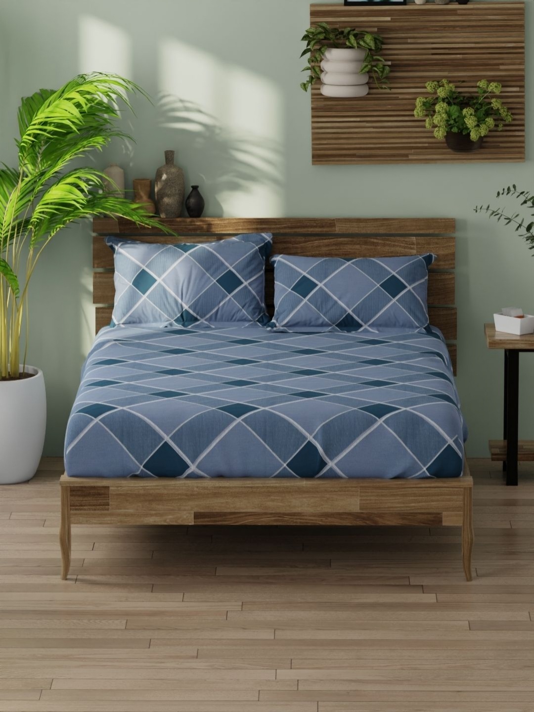 

BIANCA Blue & White Geometric 180 TC King Bedsheet with 2 Pillow Covers