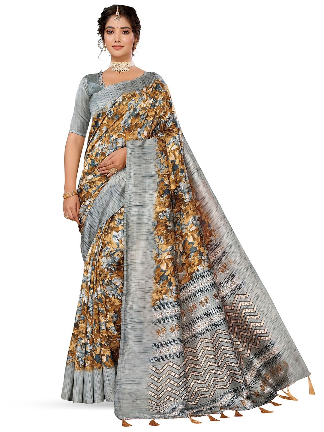 

KALINI Floral Printed Tassels Saree With Blouse Piece, Mustard