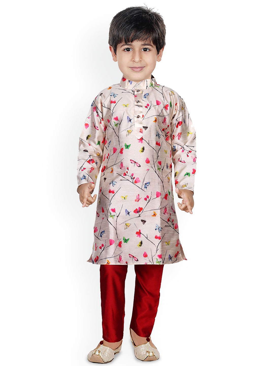 

BAESD Boys Floral Printed Regular Dupion Silk Kurta with Trousers, Beige