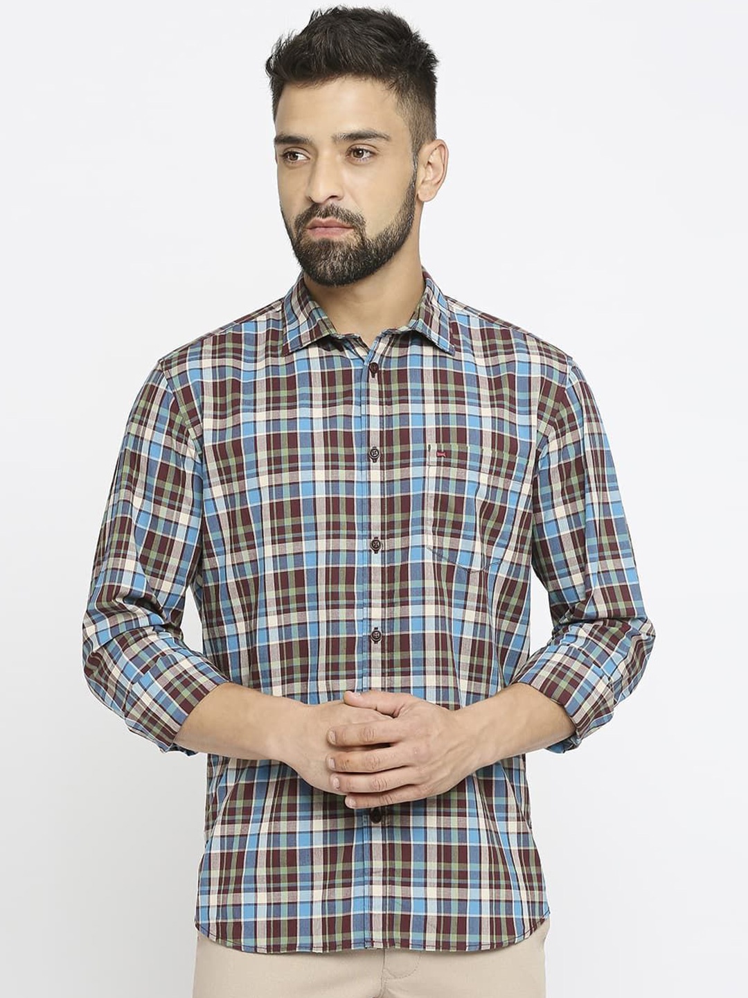 

Basics Men Slim Fit Tartan Checks Opaque Checked Casual Shirt, Red