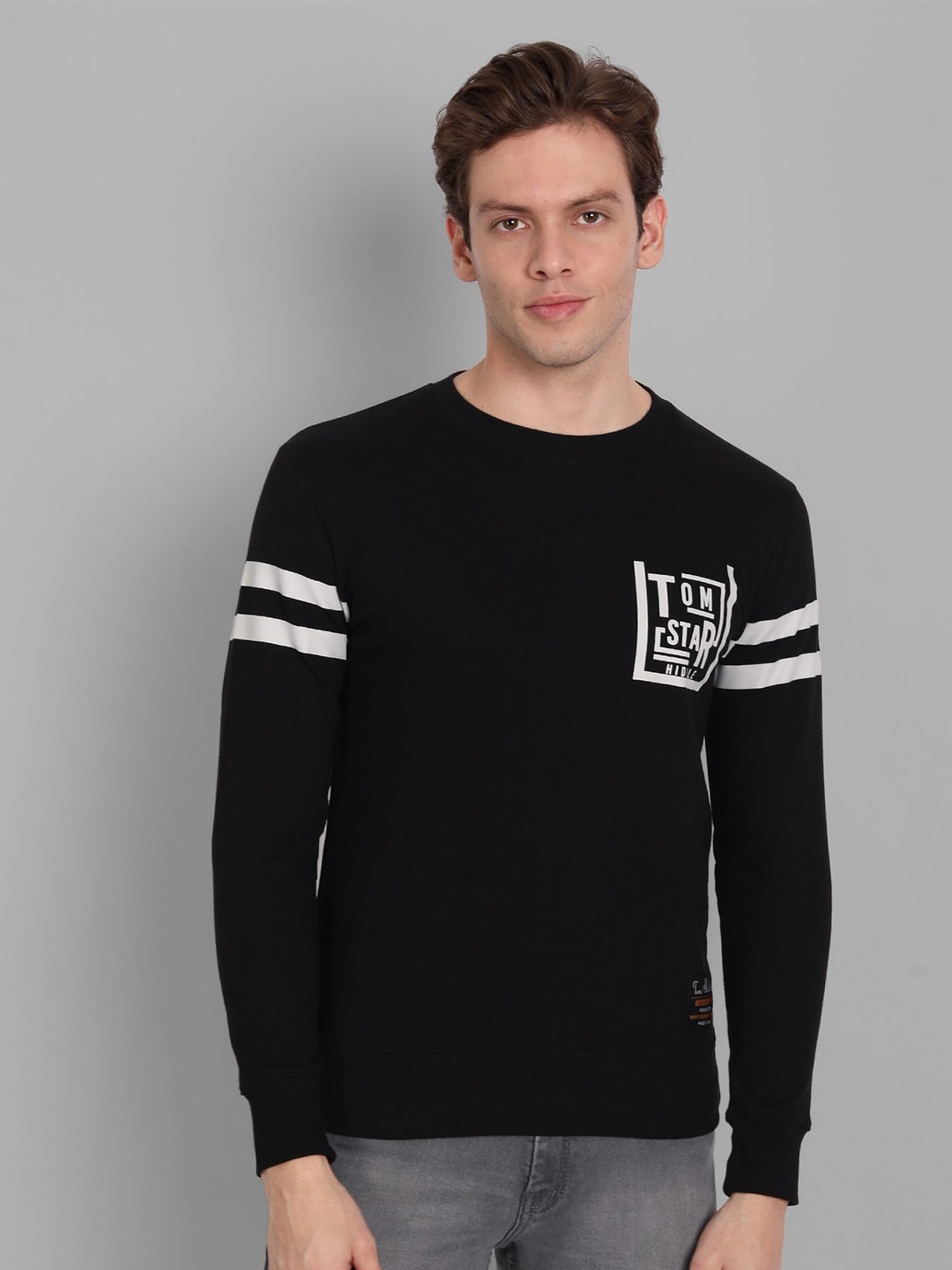 

TOMHIDDLE Men Cotton Printed Pullover Cotton Sweatshirt, Black