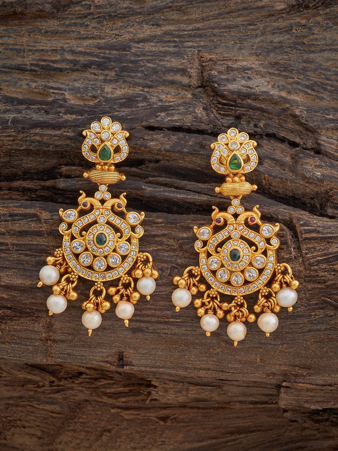 

Kushal's Fashion Jewellery Gold-Plated Stone Studded & Beaded Crescent Shaped Drop Earring