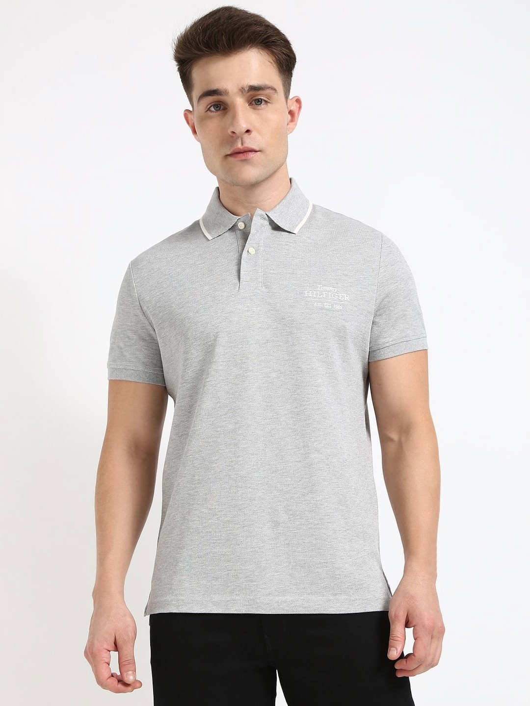 

Tommy Hilfiger Men Solid Polo Collar Cotton T-shirt, Grey