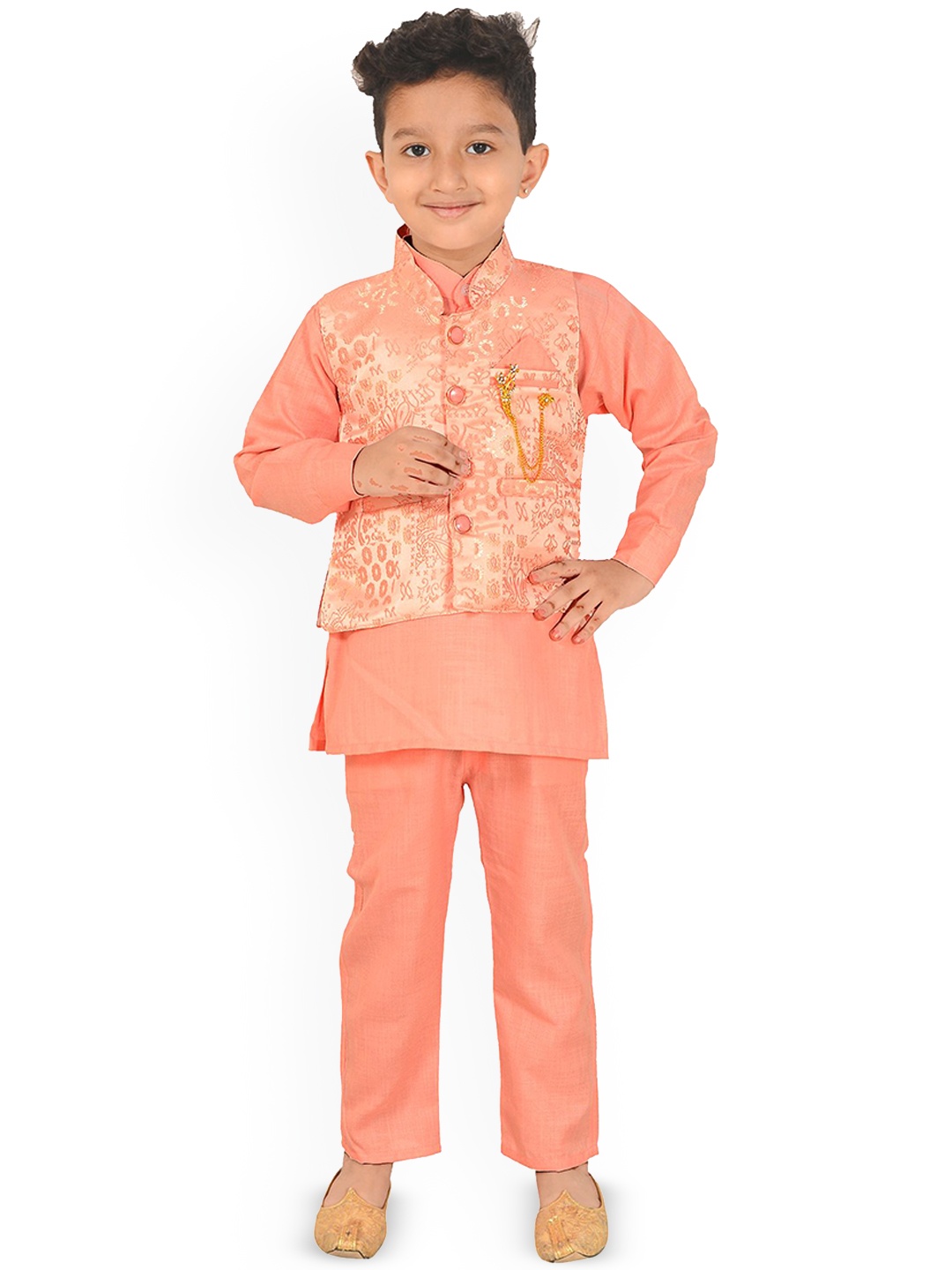 

Little Needle Boys Ethnic Motifs Regular Linen Kurta with Trousers, Peach