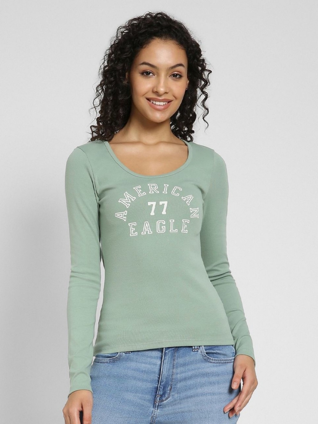 

AMERICAN EAGLE OUTFITTERS Women Typography Printed Applique Slim Fit T-shirt, Green