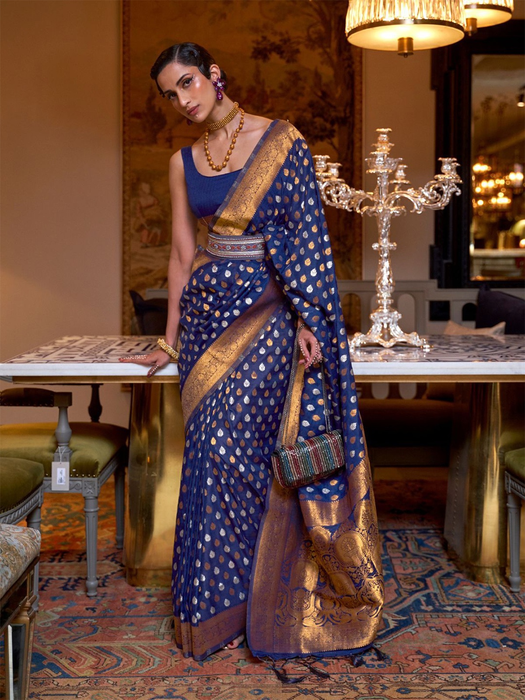 

ODETTE Woven Design Zari Saree, Navy blue