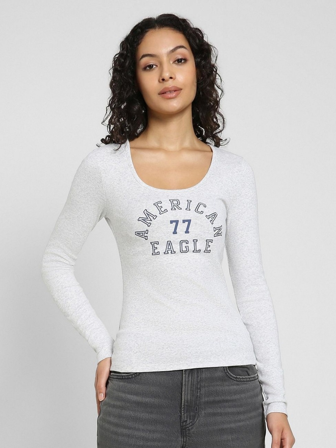 

AMERICAN EAGLE OUTFITTERS Women Printed Raw Edge Slim Fit T-shirt, Grey