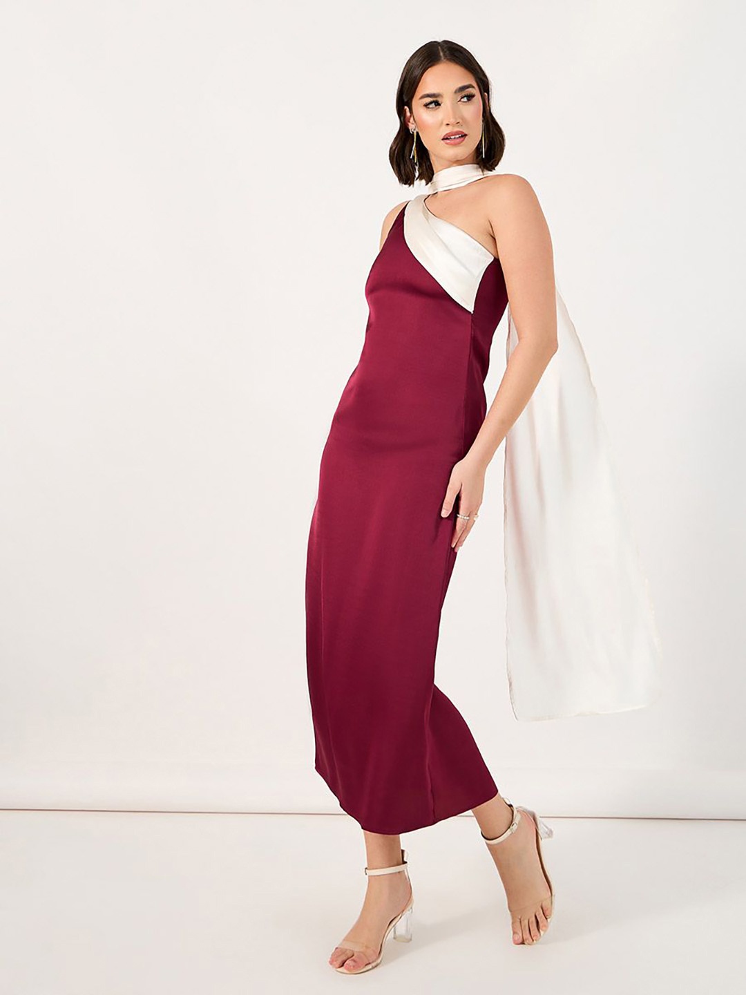 

Styli Women One Shoulder Colorblocked Sheath Midi Dress, Red