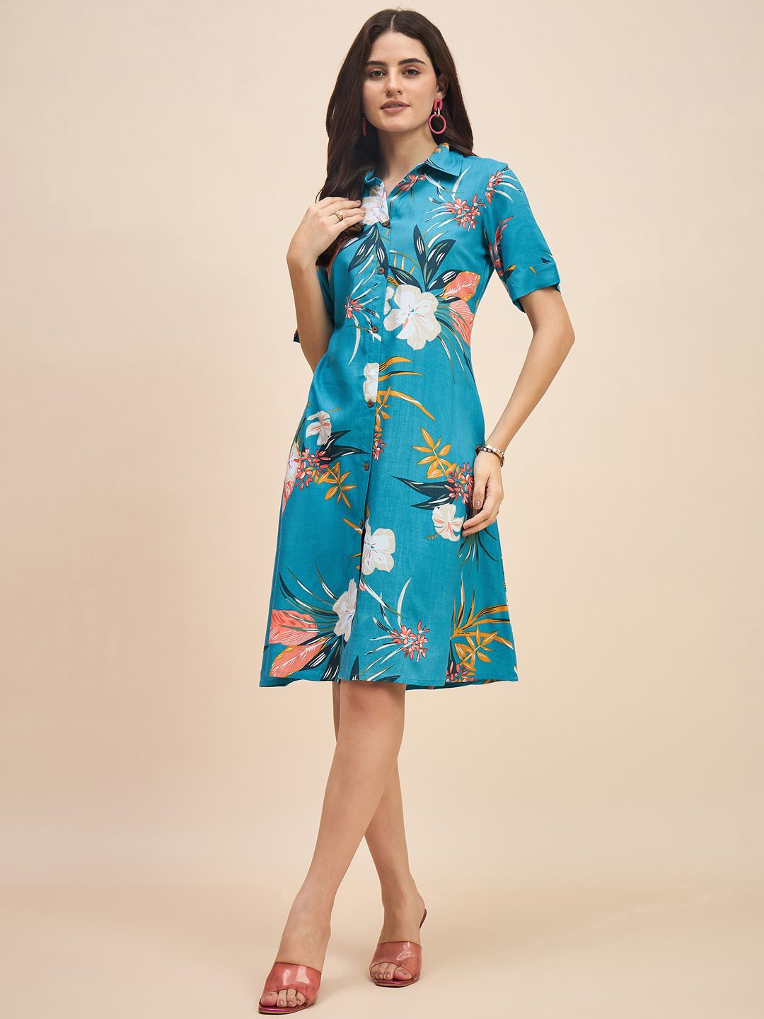 

TRUVON FASHIONS Women Floral Printed Shirt Collar A-Line Dress, Blue