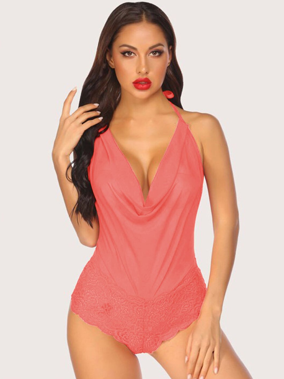 

VAGHBHATT Net Halter Neck Baby Doll, Peach