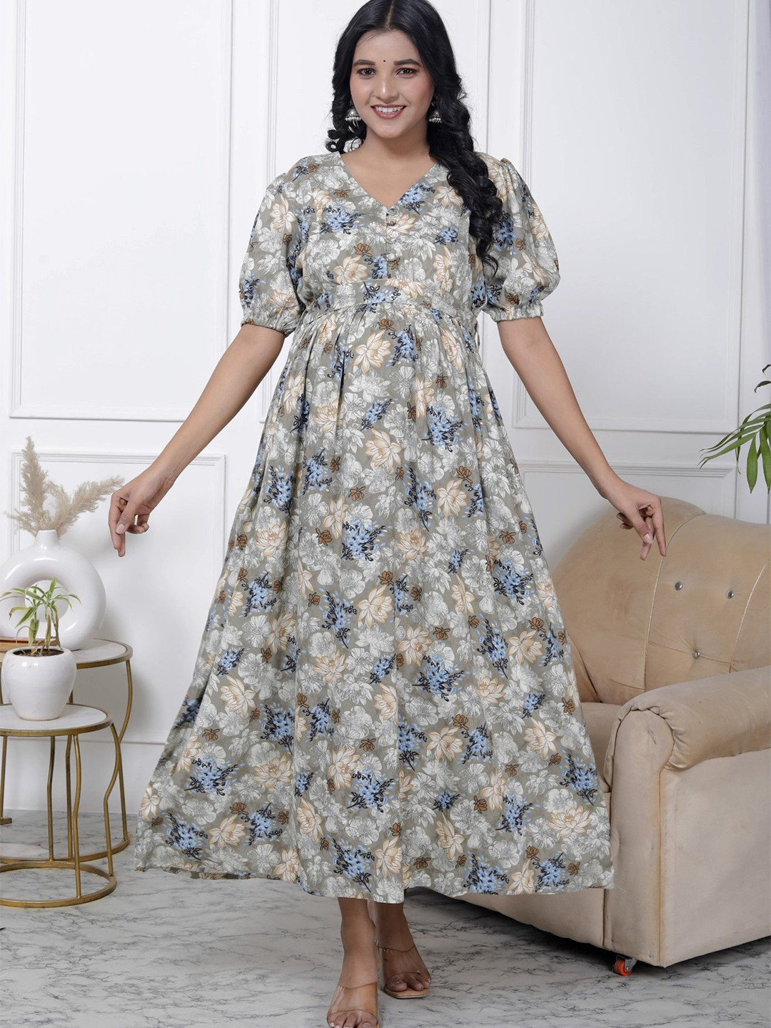 

KALINI Women Ethnic Printed Maternity Fit and Flare Midi Dress, Grey