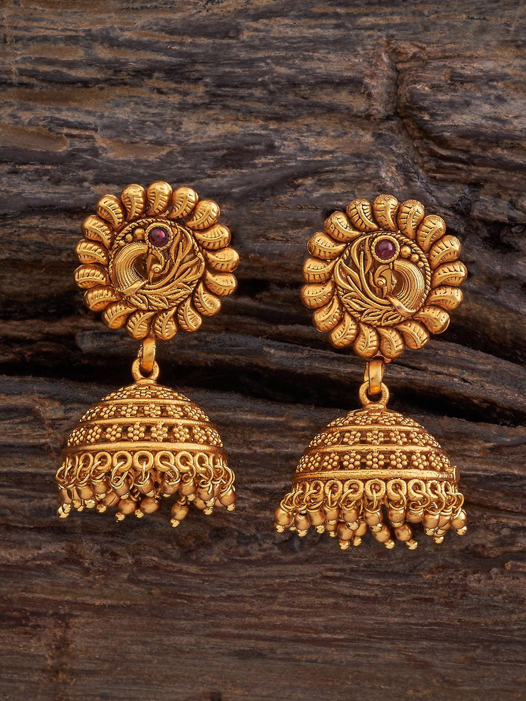 

Kushal's Fashion Jewellery Gold Plated Peacock Shaped Jhumkas Earrings, Red