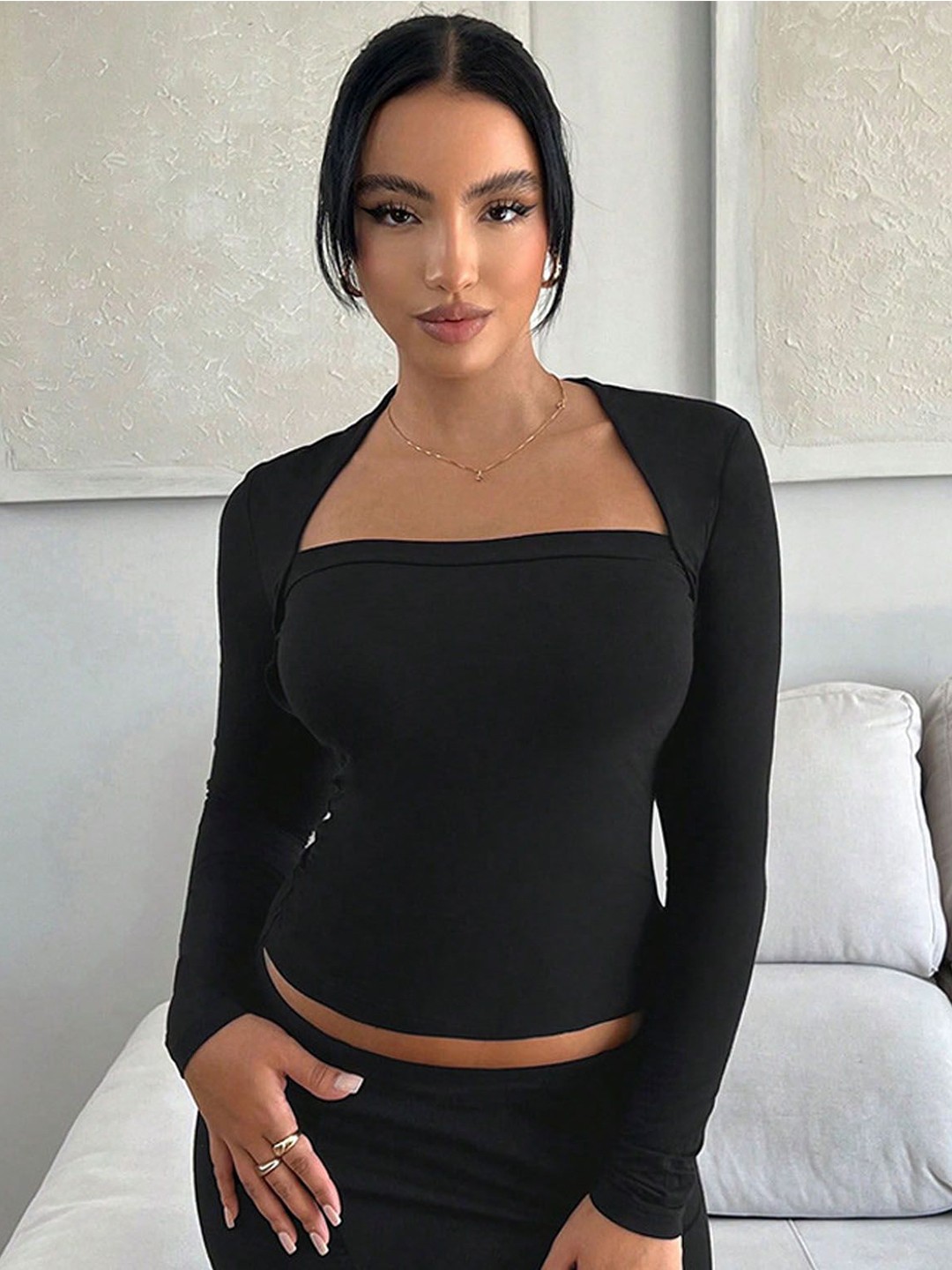 

StyleCast Women Square Neck Fitted Crop Top, Black