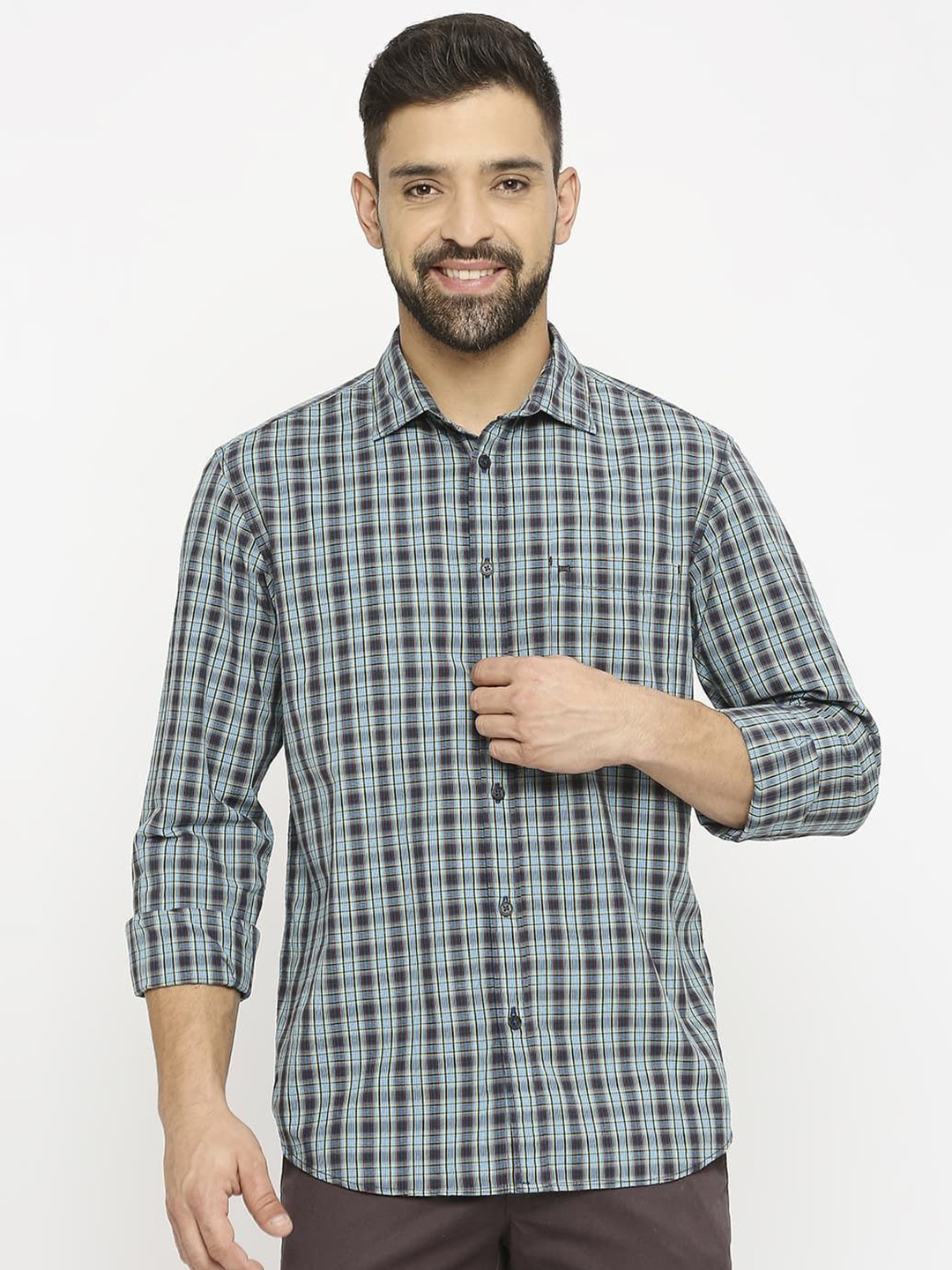 

Basics Men Slim Fit Shepherd Checks Opaque Checked Casual Shirt, Blue