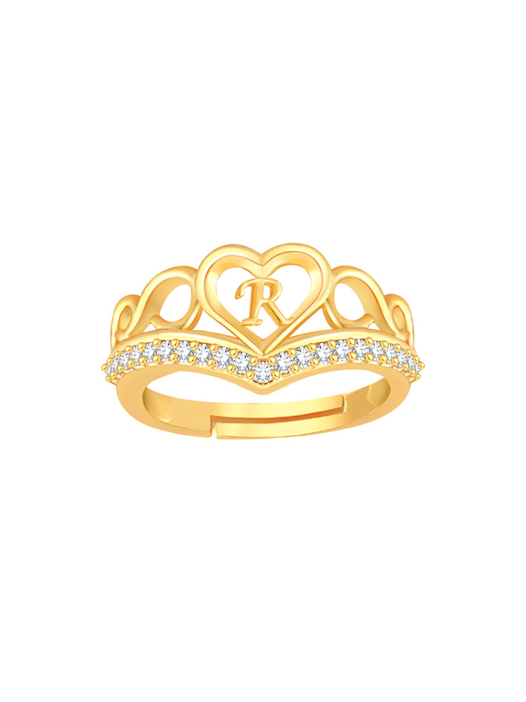 

Lila Unisex Gold-Plated Cubic Zirconia Stone Studded Alphabet R Adjustable Finger Ring