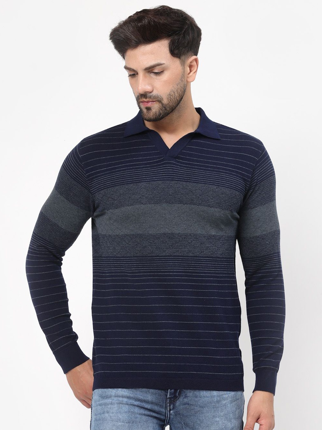 

Kalt Men Full Sleeves Striped Mandarin Polo Collar Knit T-shirt, Navy blue