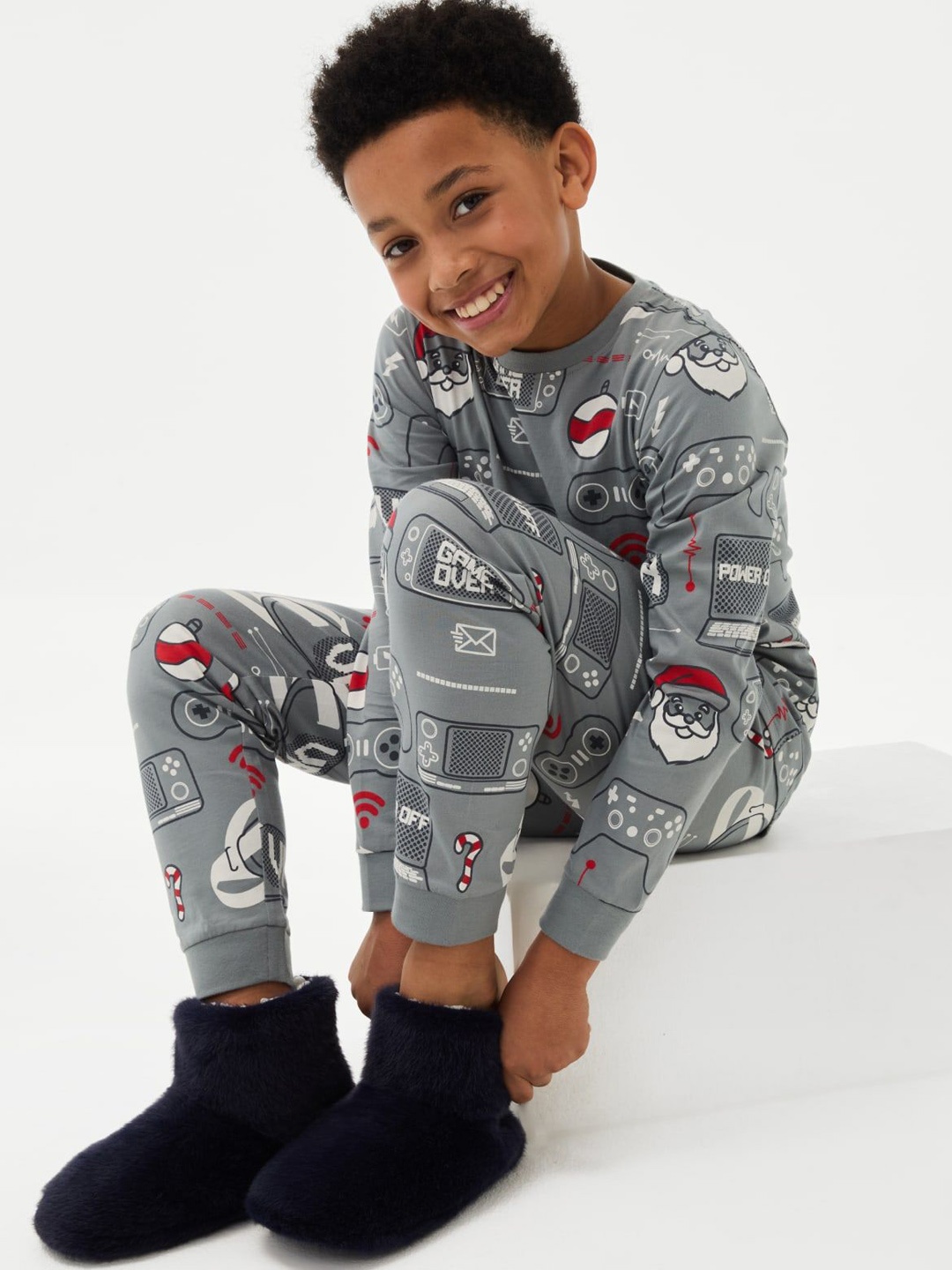 

Marks & Spencer Boys Graphic Printed Pure Cotton Round Neck Night suit, Grey