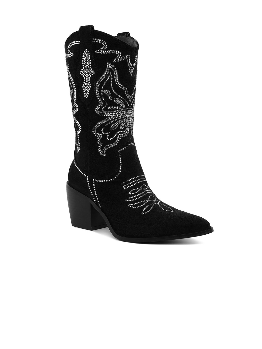 

RAG & CO Women Block Heel Embellished Cowboy Boots, Black