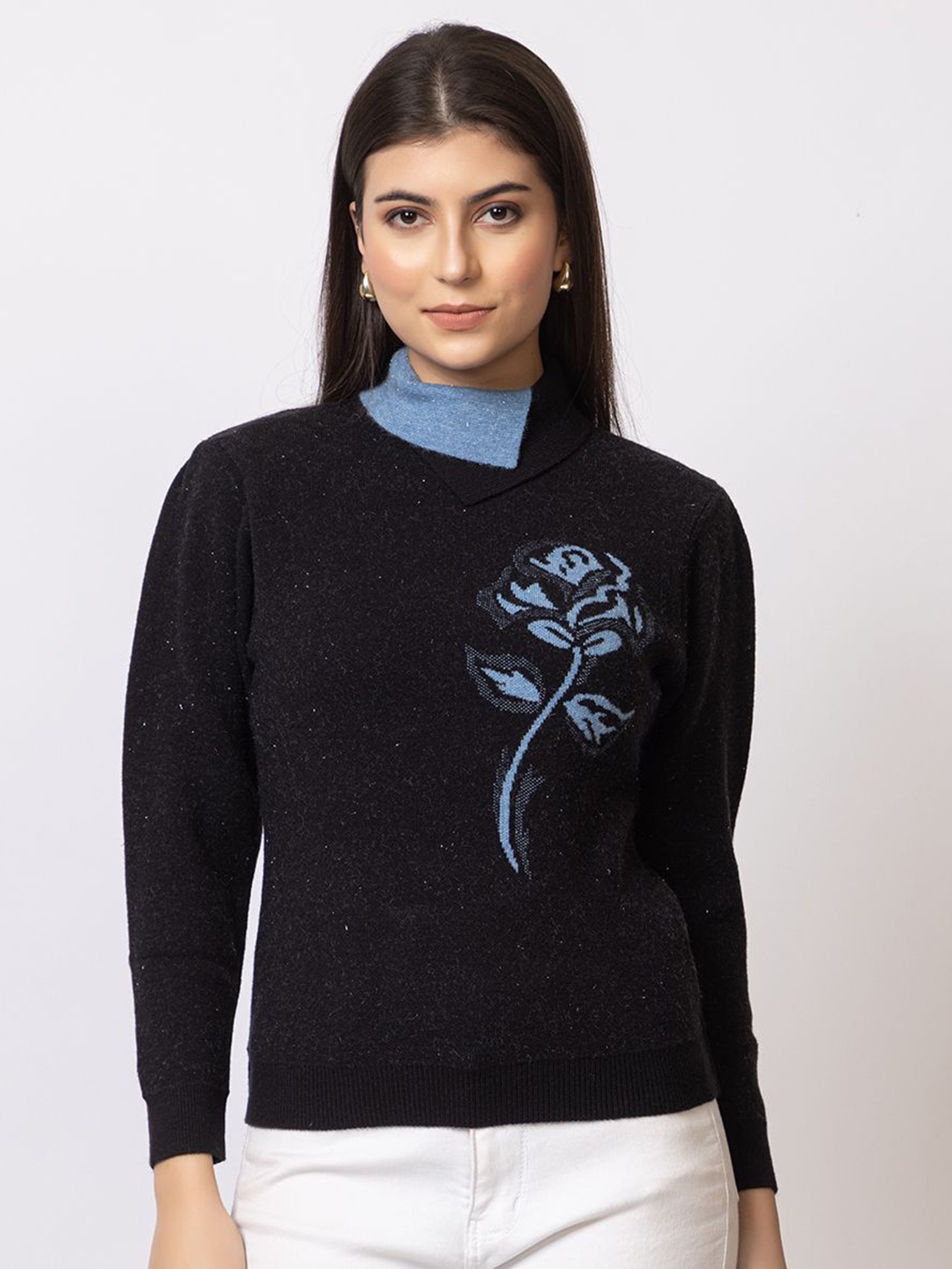 

GFO Women Self Design Mock Collar Woollen Pullover, Black