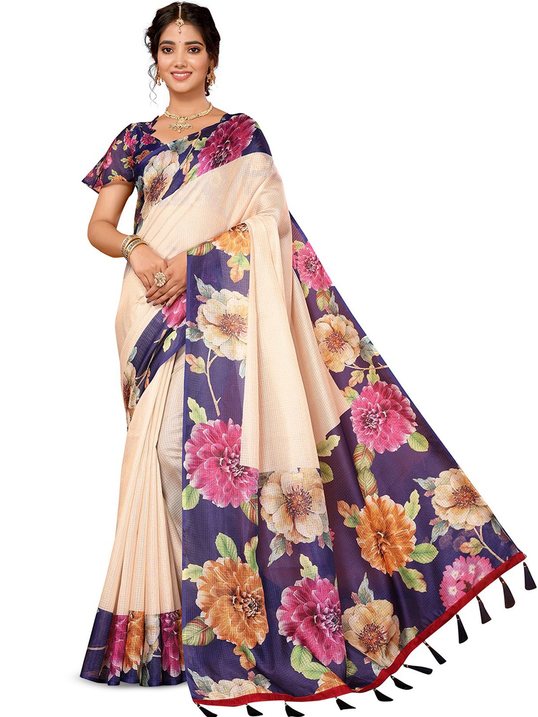 

KALINI Floral Printed Woven Design Saree, Navy blue