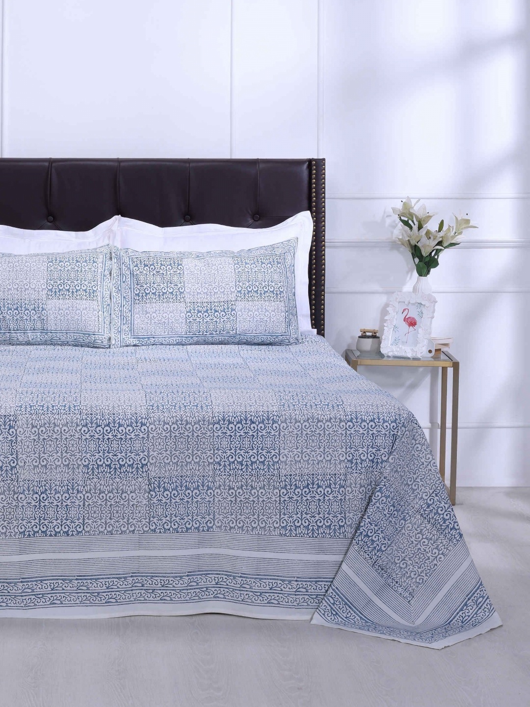 

SHAHENAZ 180TC Patch Blue Cotton Hand Block Printed Bedsheet with 2 Pillow Covers