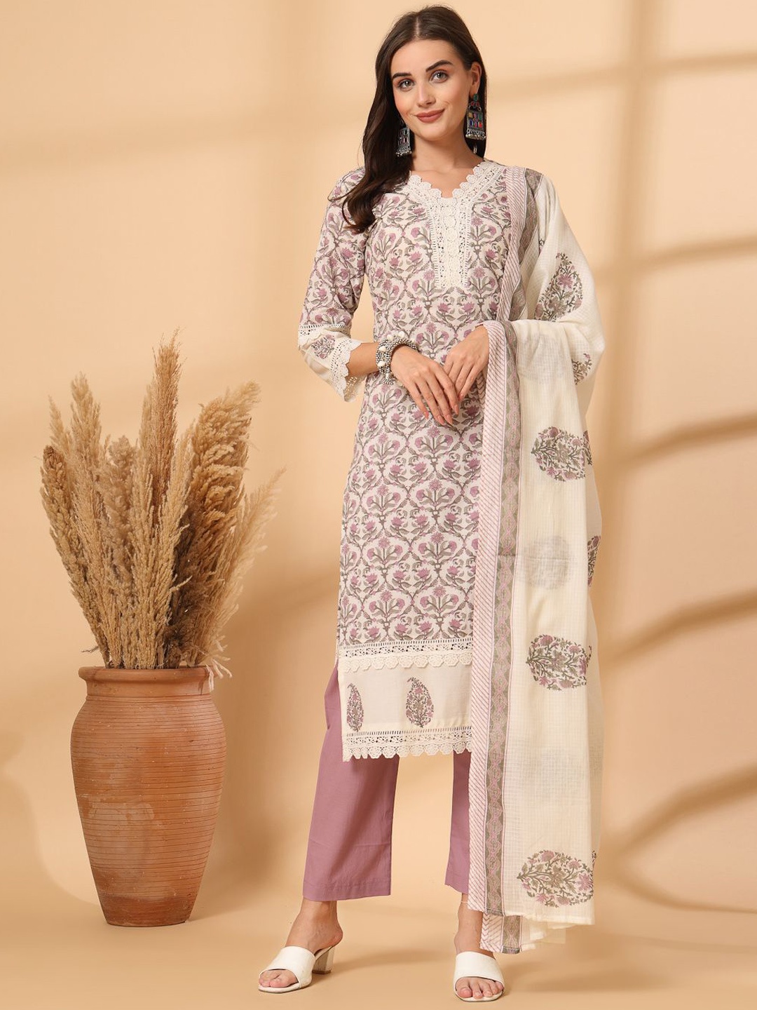 

Shangri LA MS Designs Women Printed Regular Pure Cotton Kurta with Trousers & With Dupatta, Purple