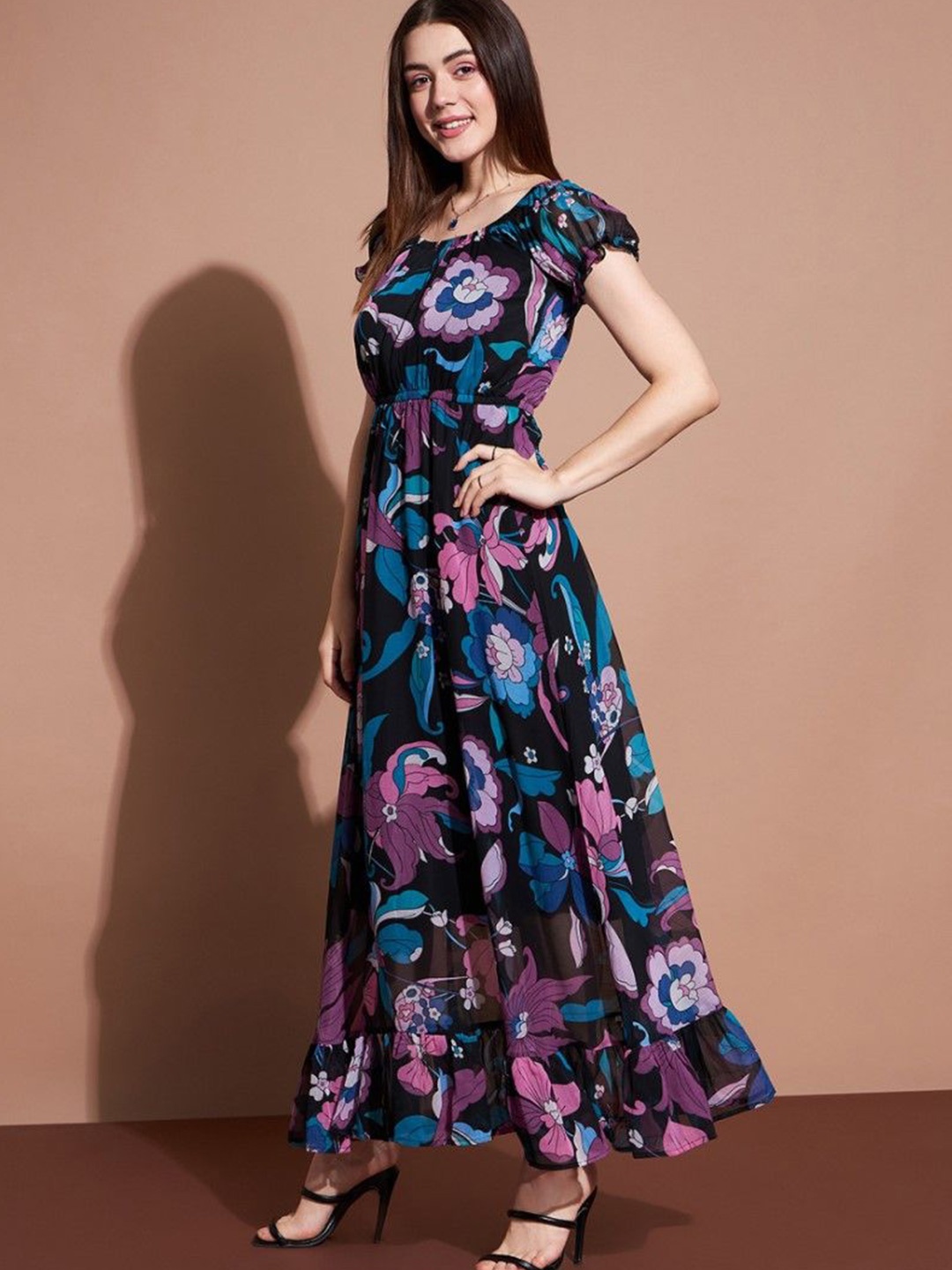 

Femvy Women Printed Puff Sleeve Fit & Flare Maxi Dress, Black