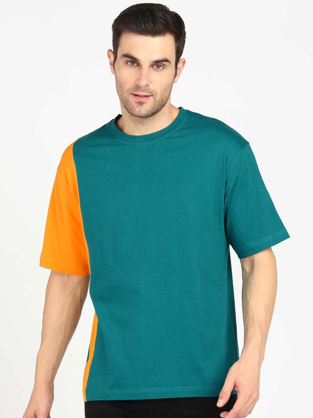 

Provogue Men Colourblocked Applique Boxy T-shirt, Teal