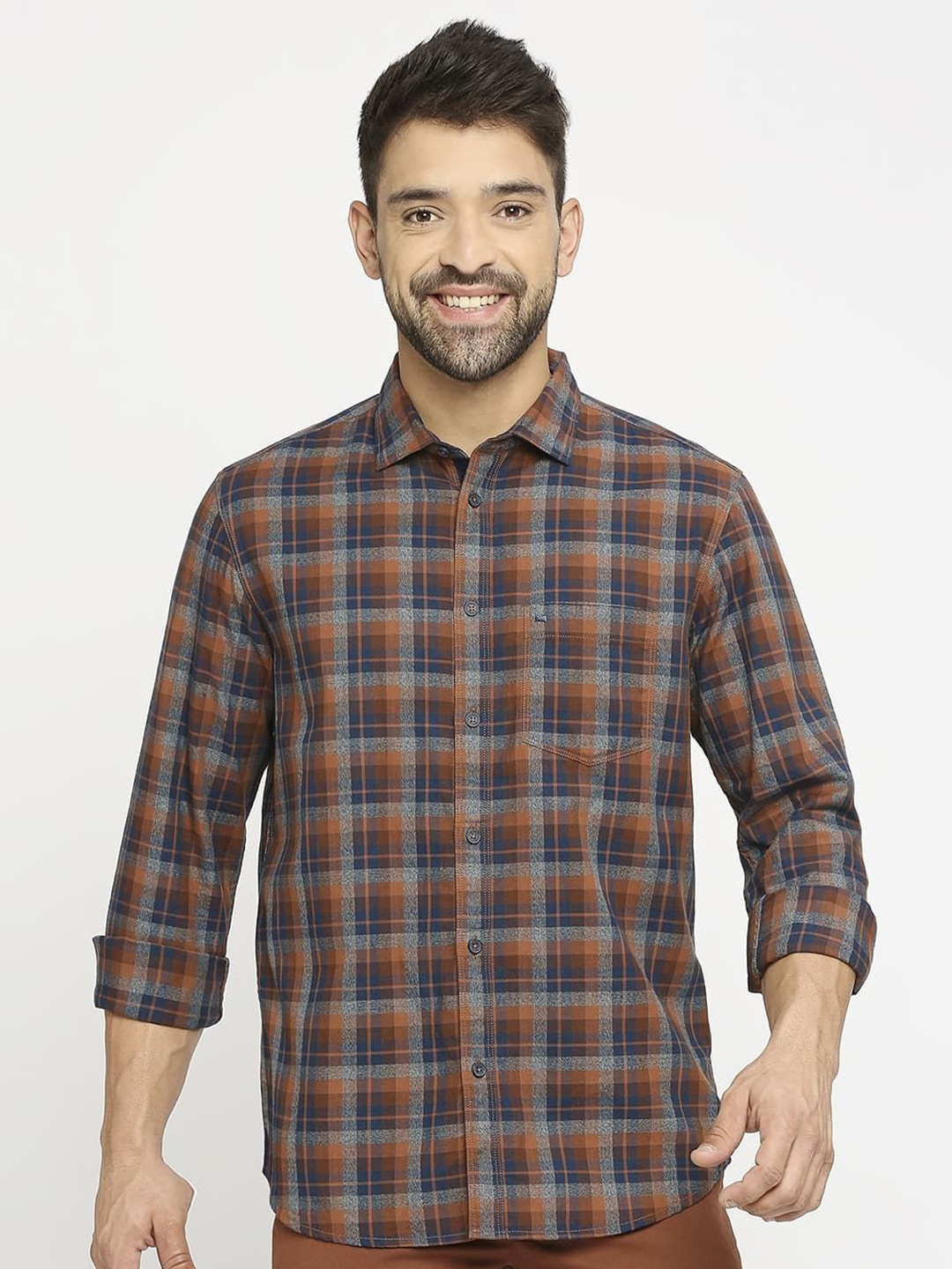

Basics Men Slim Fit Tartan Checks Opaque Checked Casual Shirt, Brown