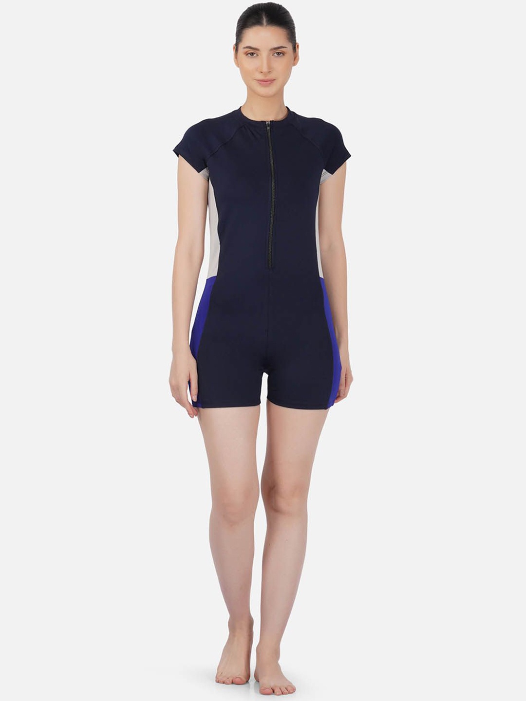 

IMPERATIVE Women Round Neck Short Sleeves Legsuit Swimwear, Navy blue