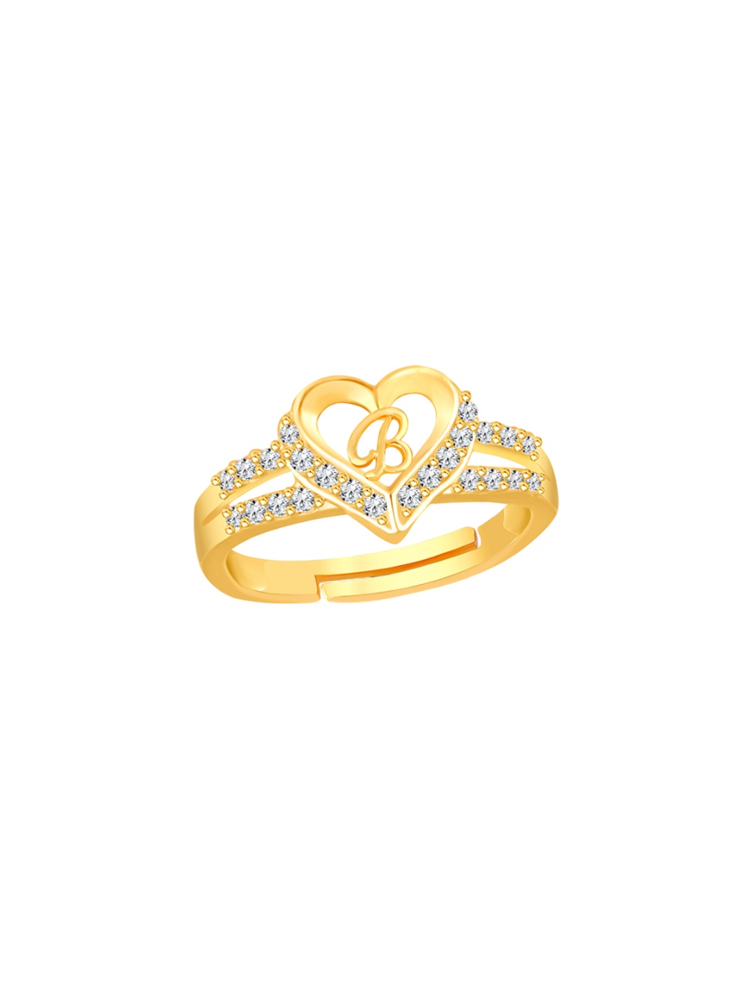 

Lila Unisex Gold-Plated Cubic Zirconia Stone Studded Alphabet B Adjustable Finger Ring